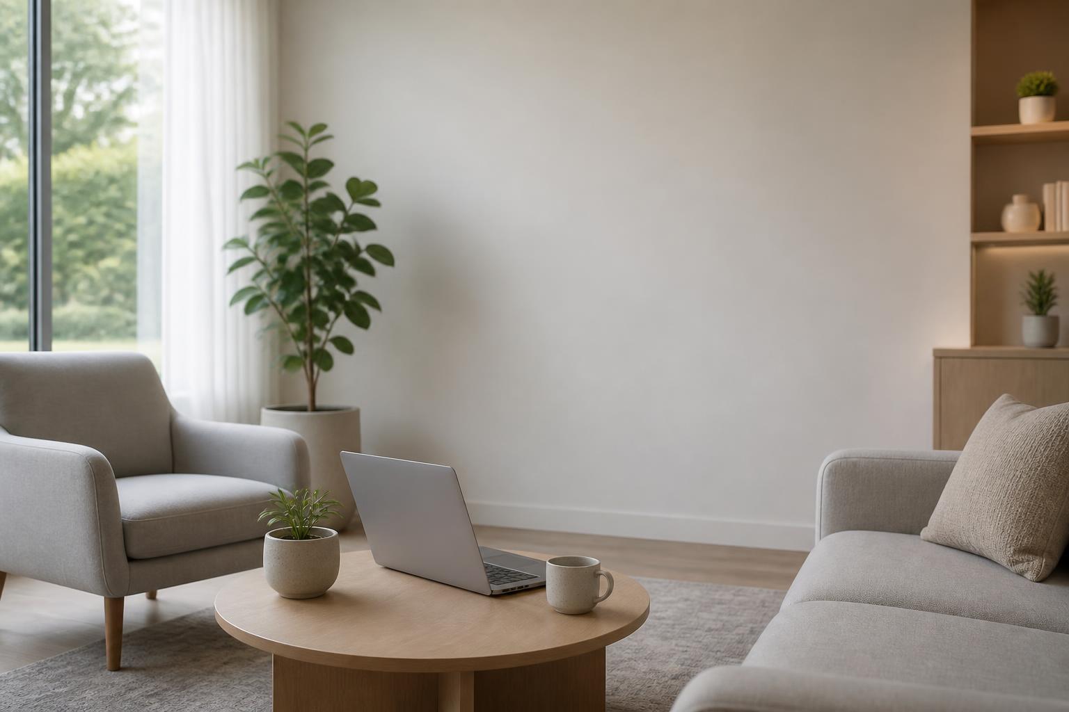 Calm Medicare consultation space with laptop and open room for text overlay.